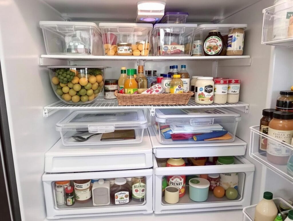 A super organized fridge with clear storage bins on shelves and a lazy susan for condiments