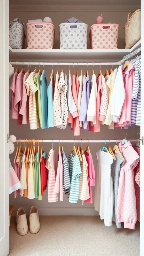 A baby closet with twi hanging rods one below the other