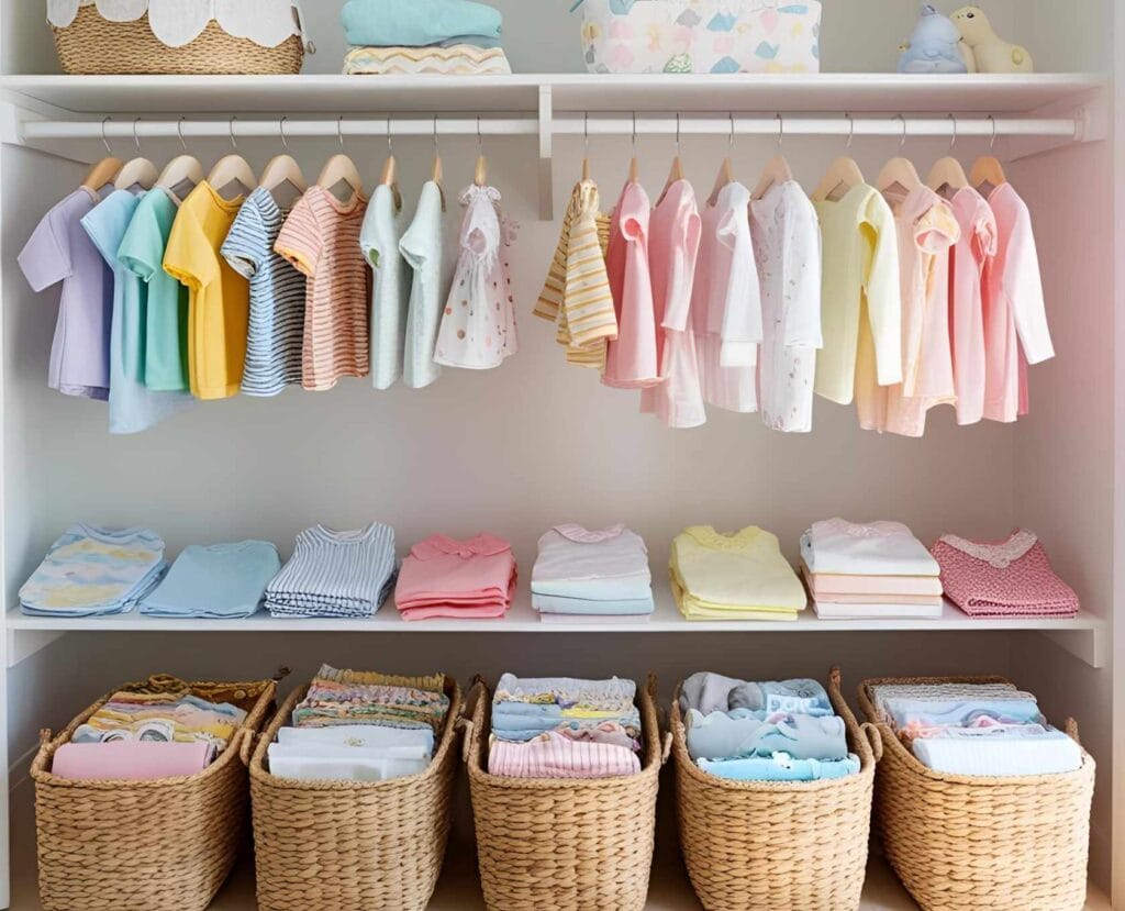 A baby closet organized with hangers, baskets and closet organizers