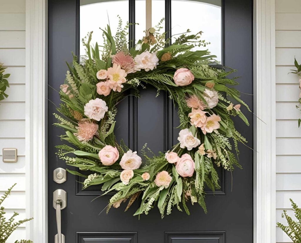 A boho summer wreath hanging on a front door of a cozy modern home