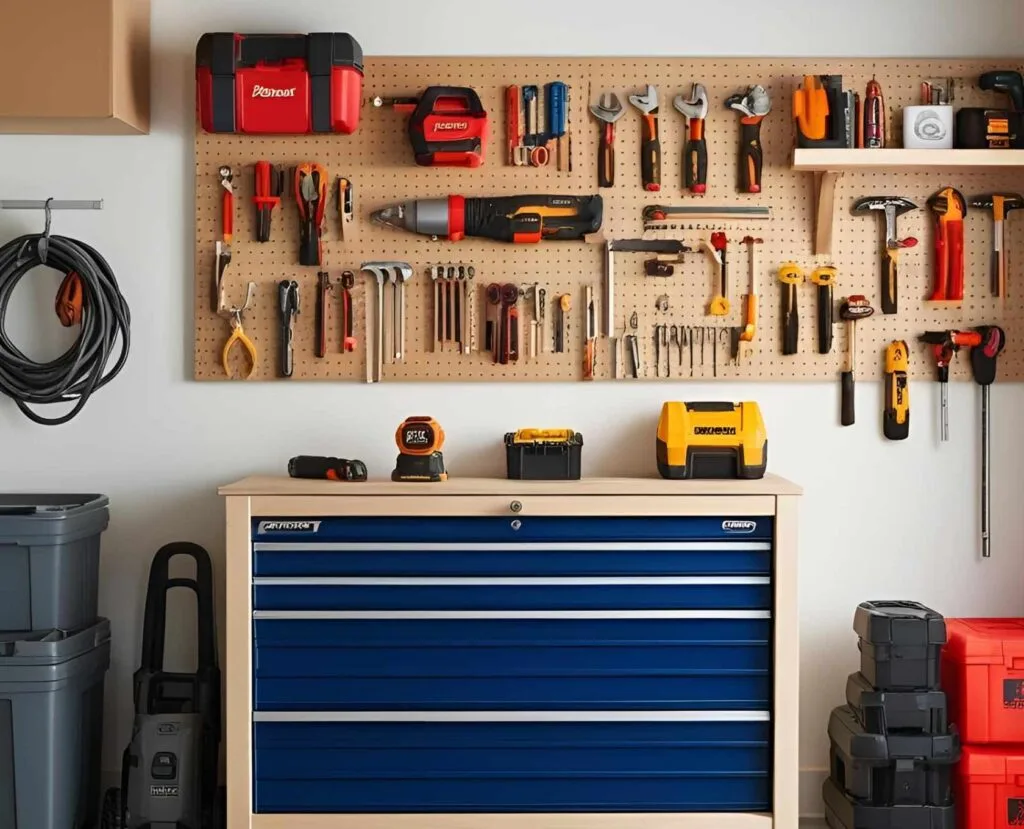 Organized garage with tools on pegboard