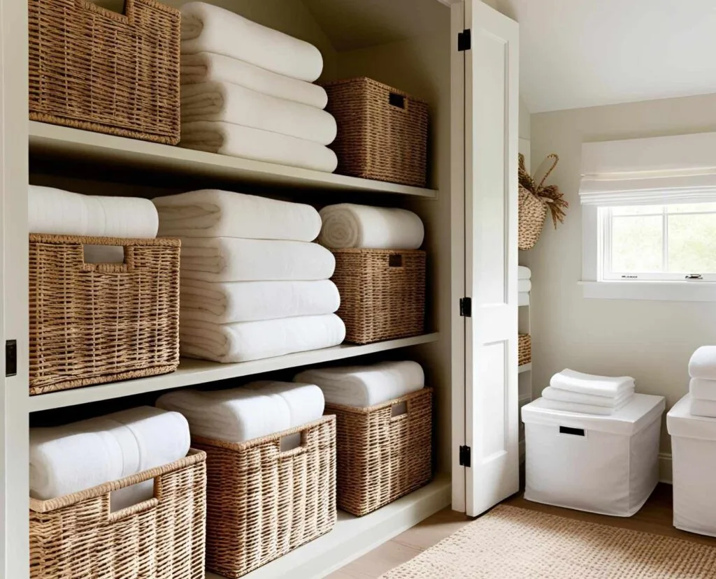 Organized linen closet with baskets and bins