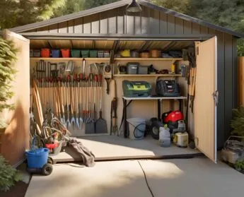 An outdoor shed with organized garden tools