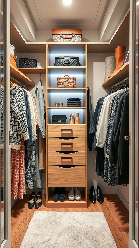 A small walk-in closet featuring a center tower with storage and neatly arranged clothing.