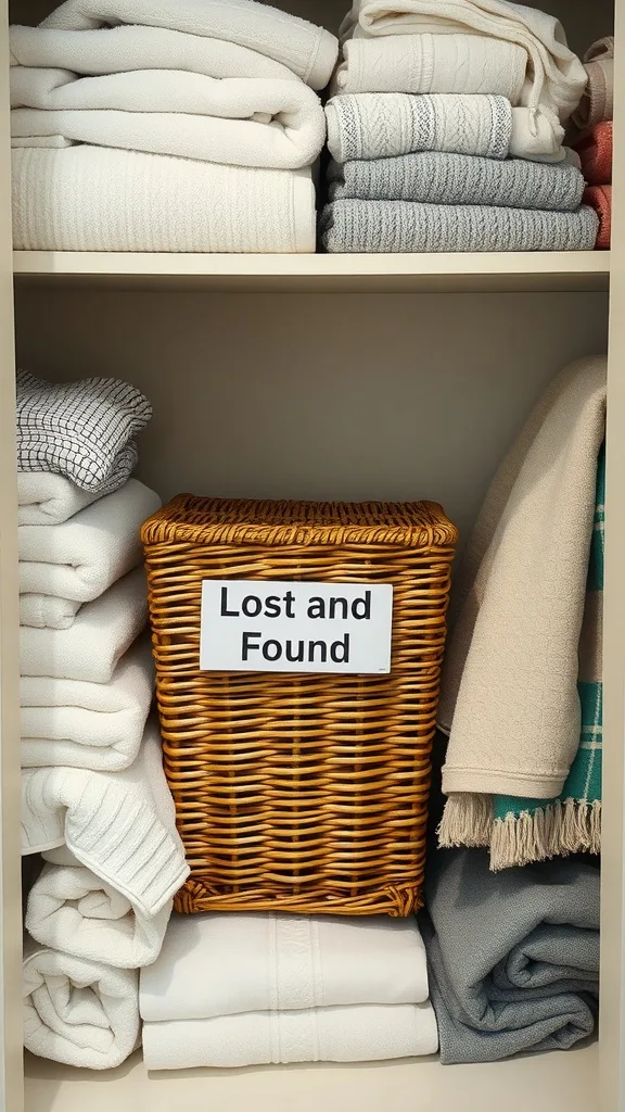 A linen closet with neatly stacked blankets and a labelled basket for lost and found items.
