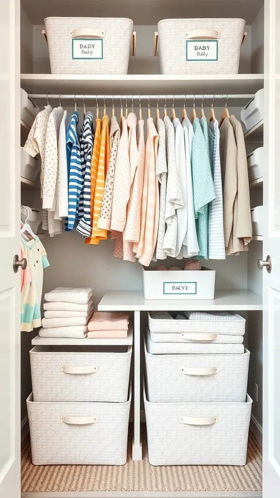 Organized baby closet with coordinated storage and colorful clothing.