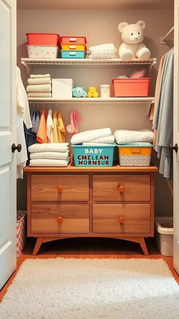 A cozy baby closet with a small dresser, neatly organized items, and colorful storage bins
