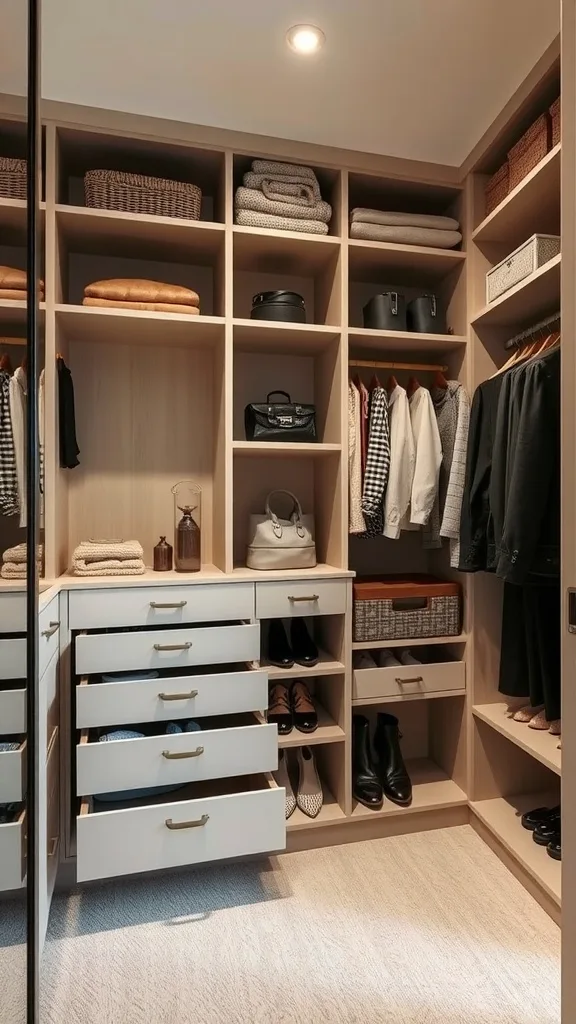 A small walk-in closet featuring organized shelves and drawer units.