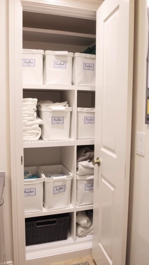 Organized linen closet with labeled baskets and neatly stacked towels and sheets.