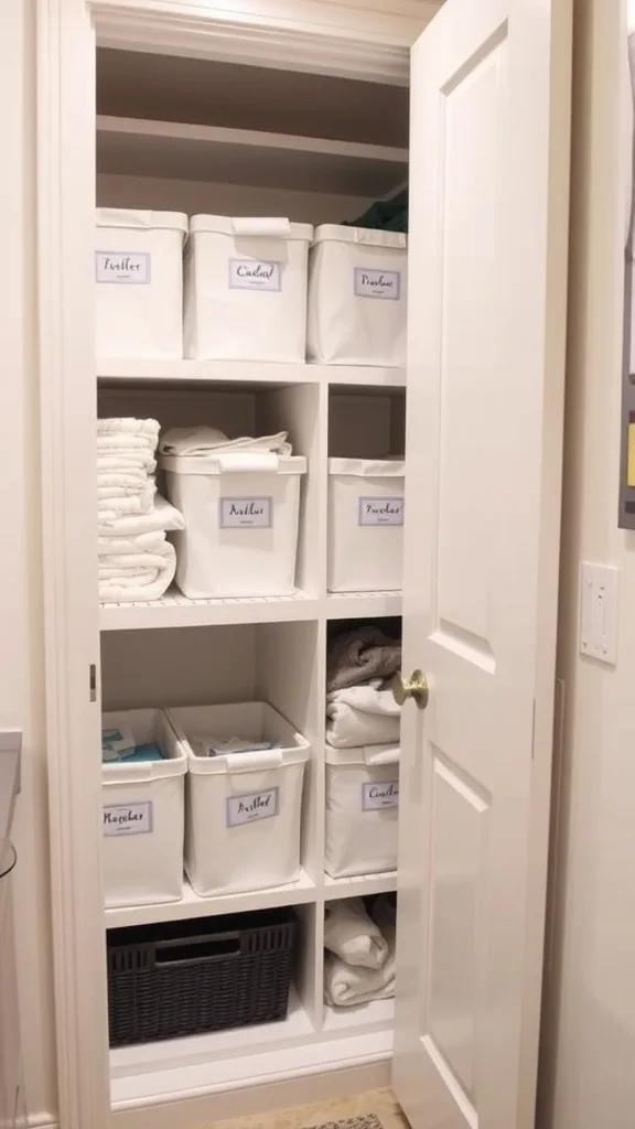 Organized linen closet with labeled baskets and neatly stacked towels and sheets.