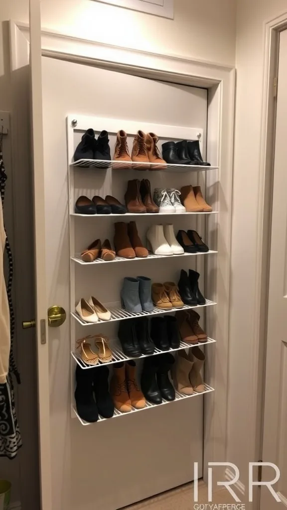 A closet with tiered racks displaying a variety of organized shoes.