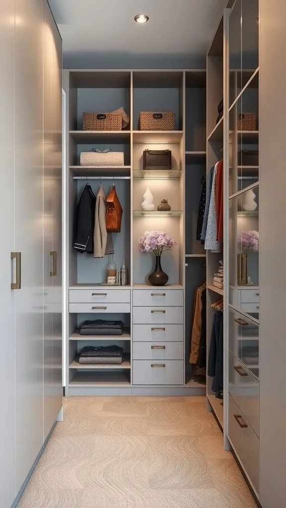 A modern small walk-in closet featuring modular shelves, drawers, and stylish organization.