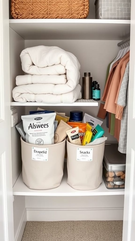 Organized linen closet with towels and labeled bins for guest essentials.