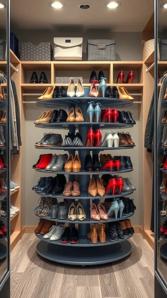 A rotating shoe rack with various styles of shoes organized neatly on multiple tiers.