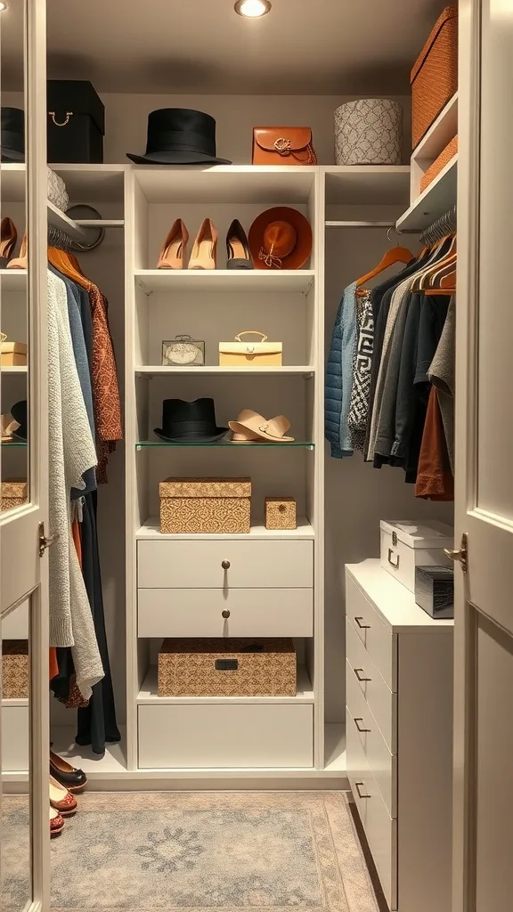 A small walk-in closet with neatly arranged shoes, hats, handbags, and clothes on shelves.