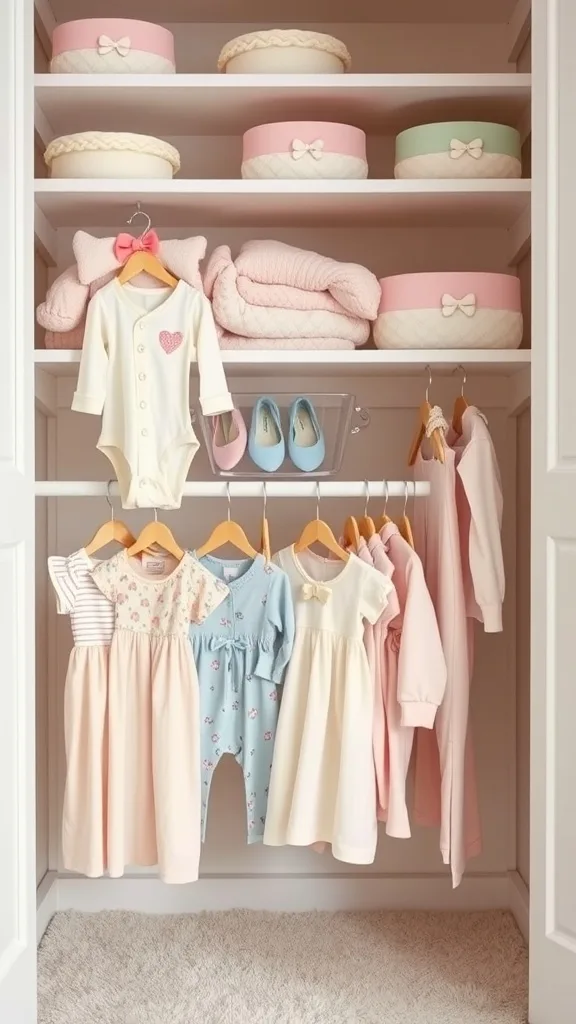 Organized baby closet with matching hangers displaying cute outfits
