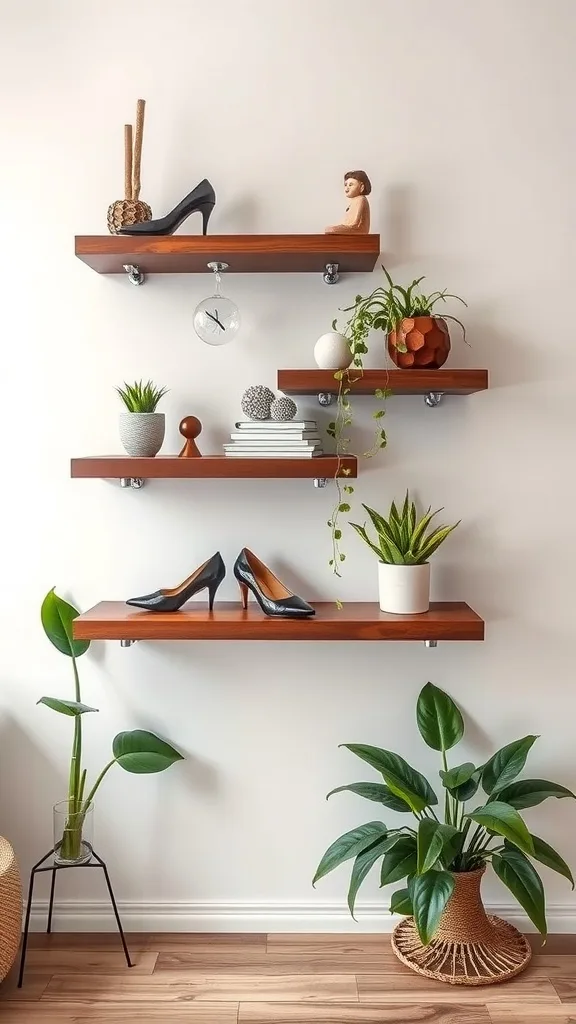 Floating shelves displaying stylish shoes and decorative items.