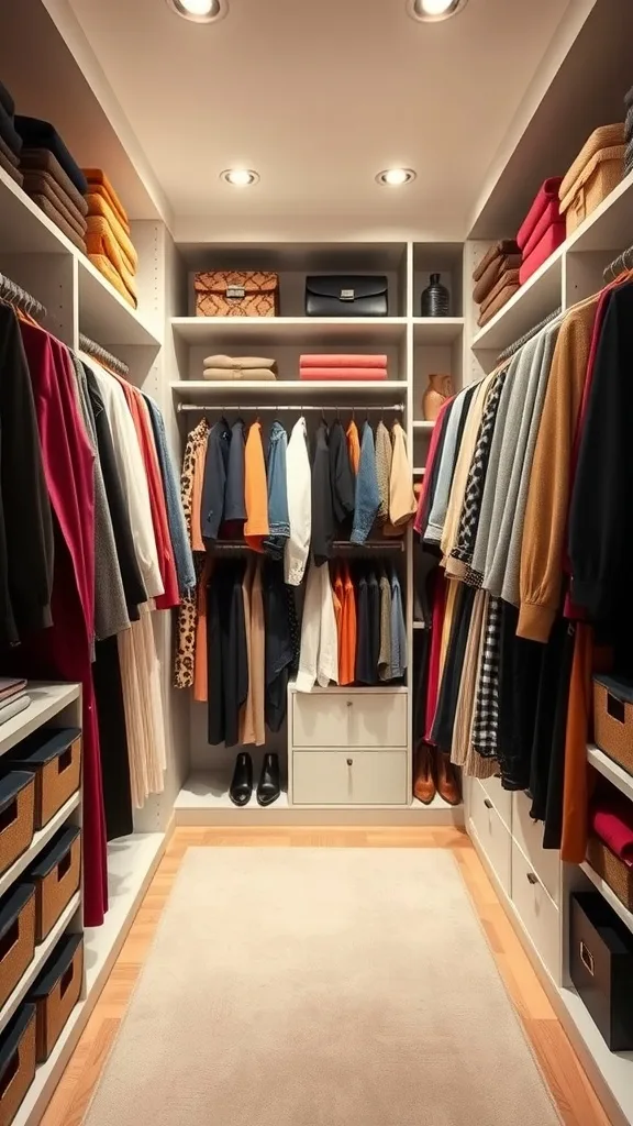 A neatly organized small walk-in closet with clothes arranged by category and color.