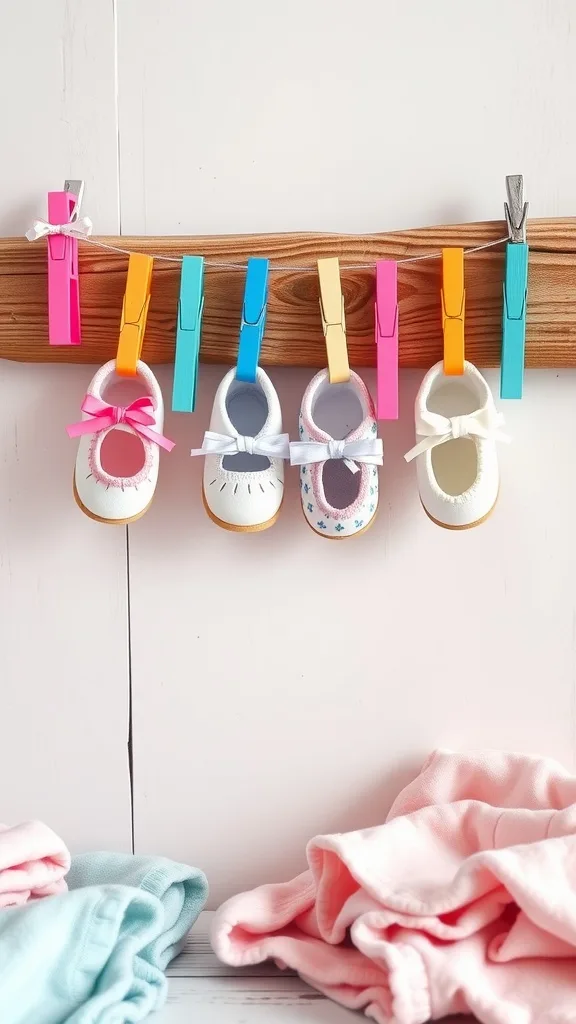 Colorful baby shoes hanging on a wooden line with clothespins.