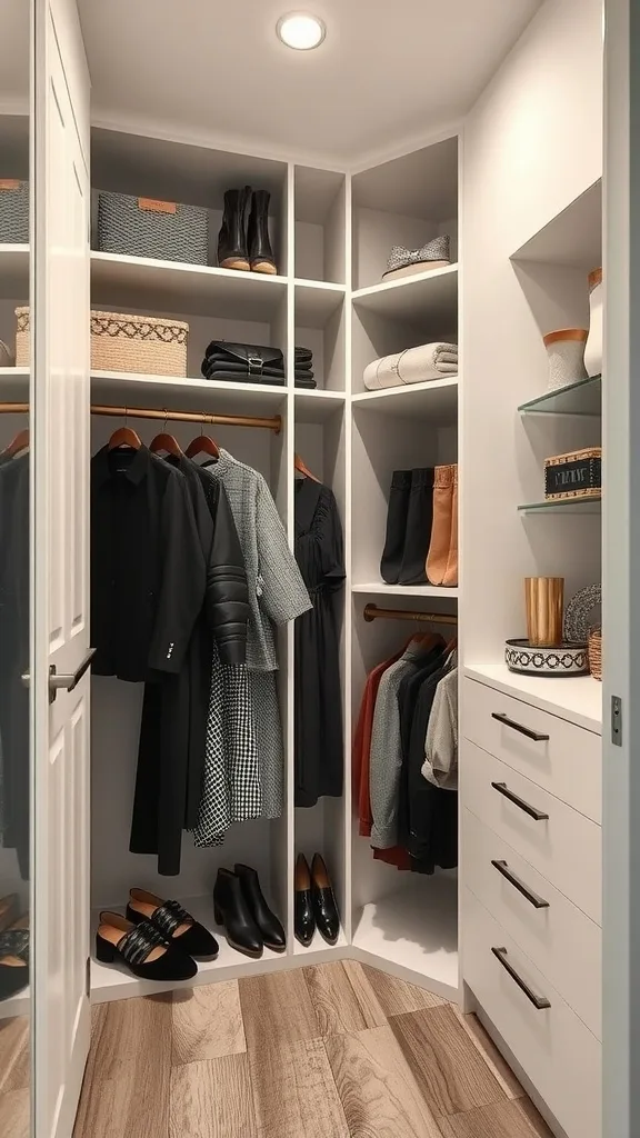 Small walk-in closet with a corner unit design maximizing storage space.