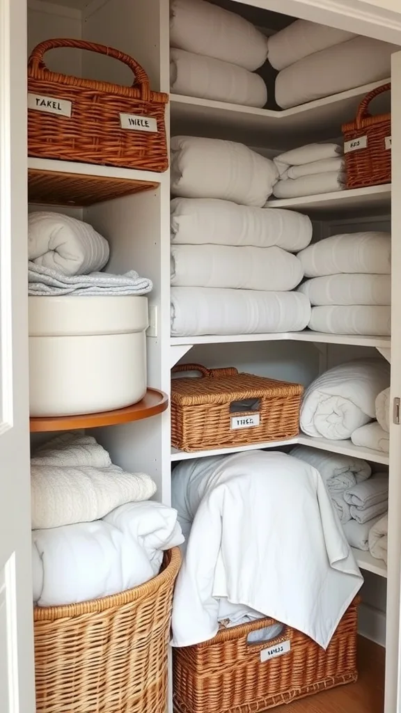 A well-organized linen closet featuring neatly stacked towels and wicker baskets.