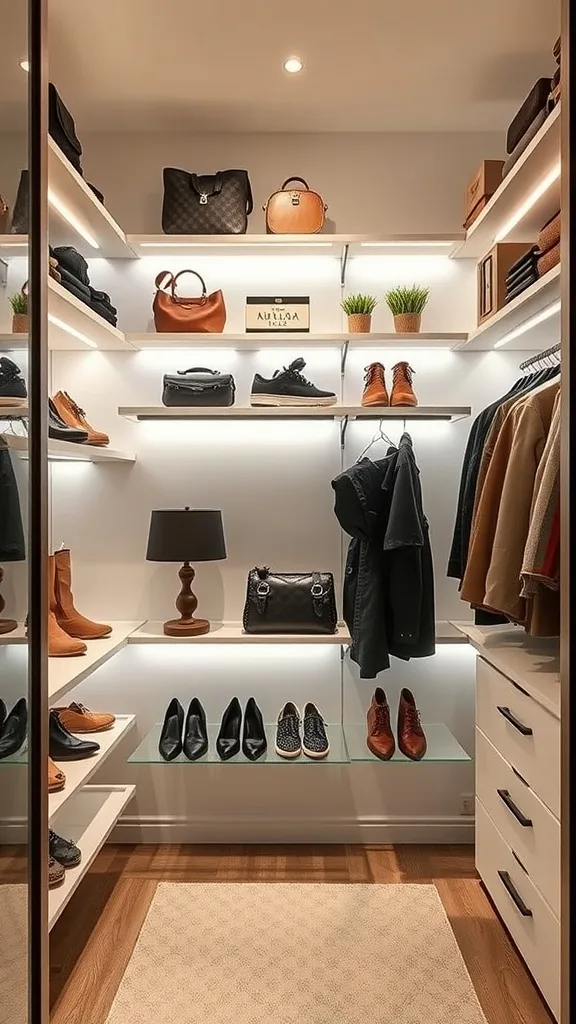 Small walk-in closet featuring floating shelves for shoes, bags, and decorative items.