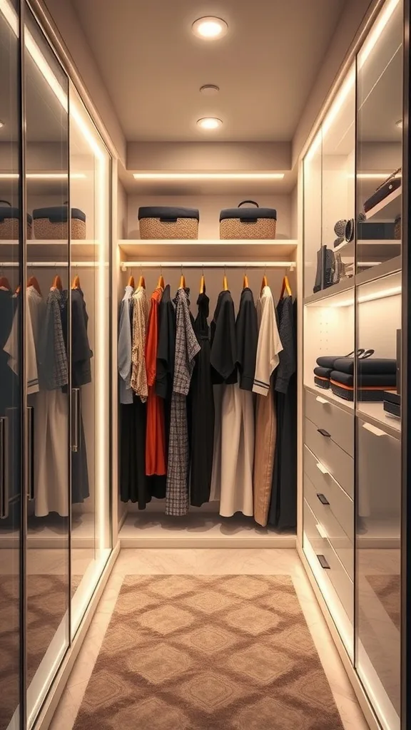 Small walk-in closet with LED lighting illuminating clothes and accessories.