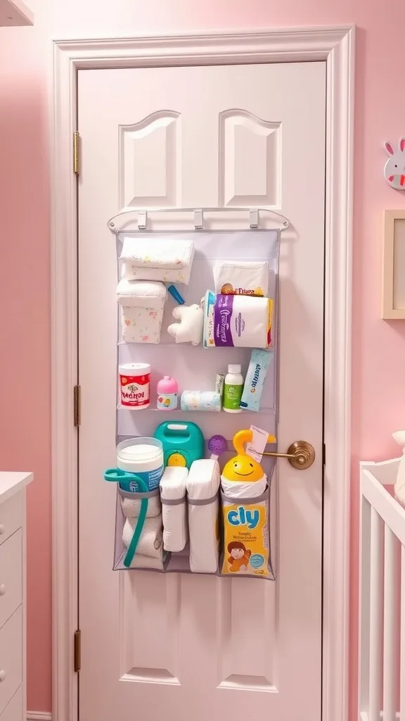 Over-the-door storage organizer filled with baby essentials on a pink background.