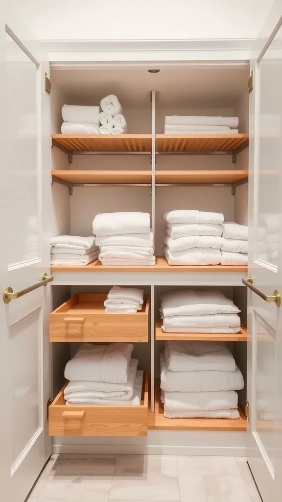 A linen closet with pull-out drawers and neatly arranged towels.
