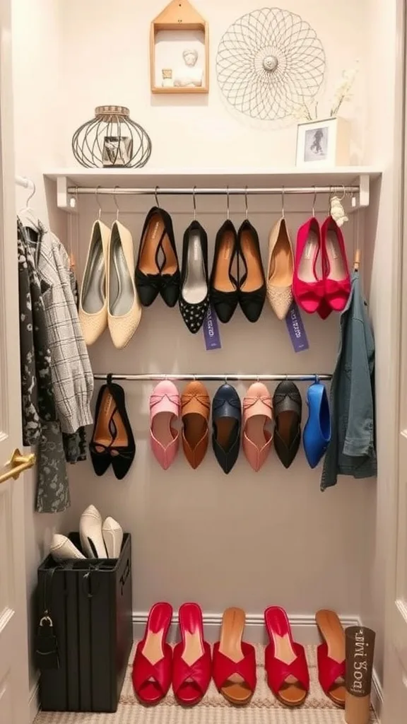 A closet nook featuring a tension rod with various flats and slides organized neatly.