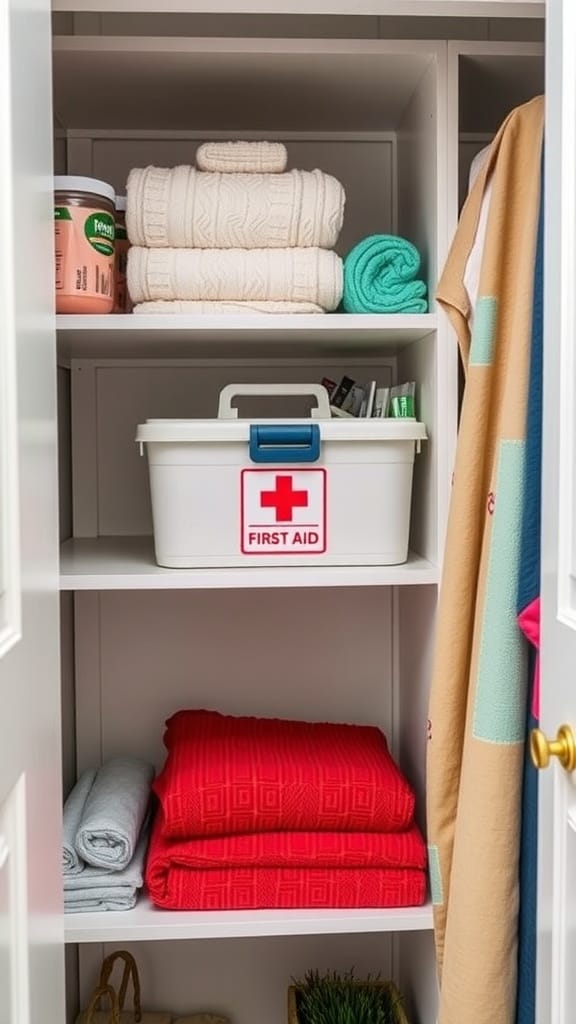 Organized linen closet with neatly stacked towels and a clearly labeled first-aid bin.