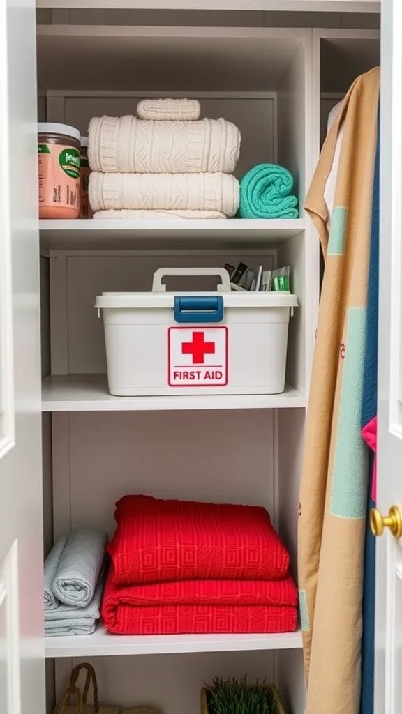 Organized linen closet with neatly stacked towels and a clearly labeled first-aid bin.