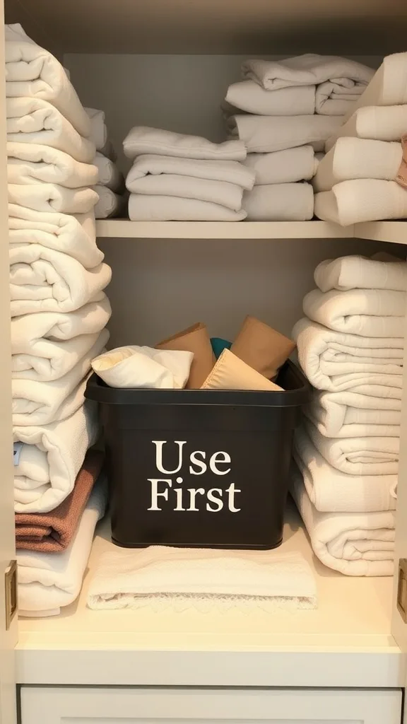 Organized linen closet with a black bin labeled 'Use First' containing older linens.