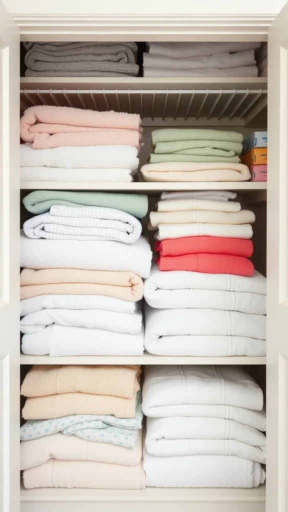 Organized linen closet with neatly folded towels and sheets.