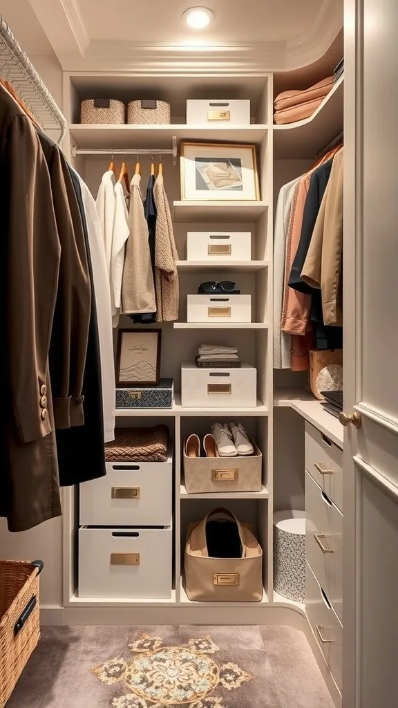 A well-organized small walk-in closet with labeled storage boxes and neatly hung clothes.