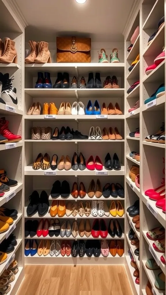 A well-organized shoe closet featuring shoes displayed by type and color.