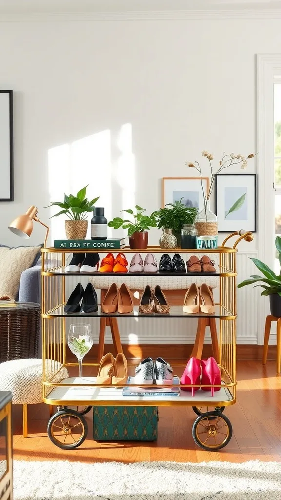 A stylish gold bar cart displaying various pairs of shoes with plants and decor items on top.