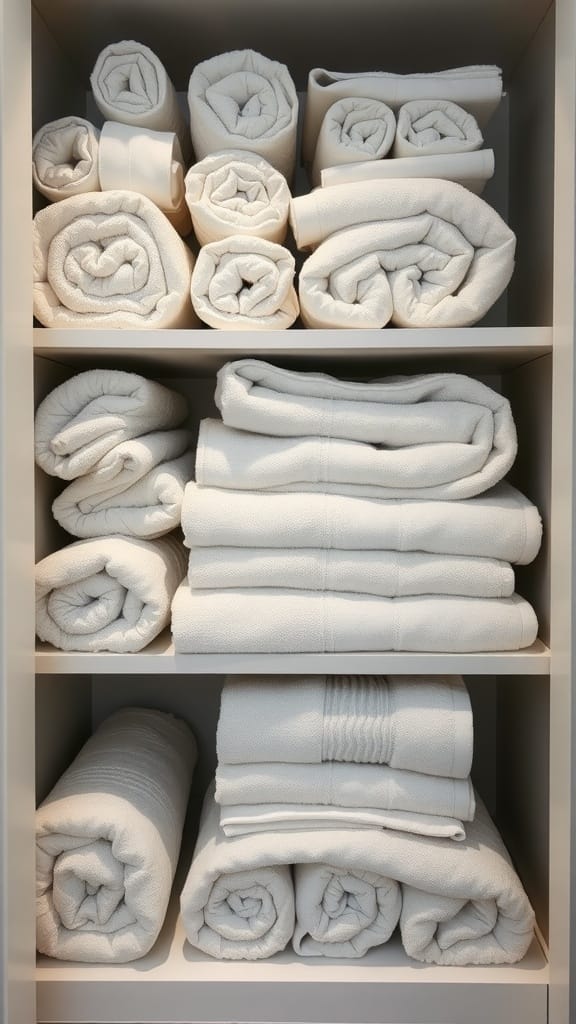 Neatly rolled white towels displayed on shelves in a linen closet.