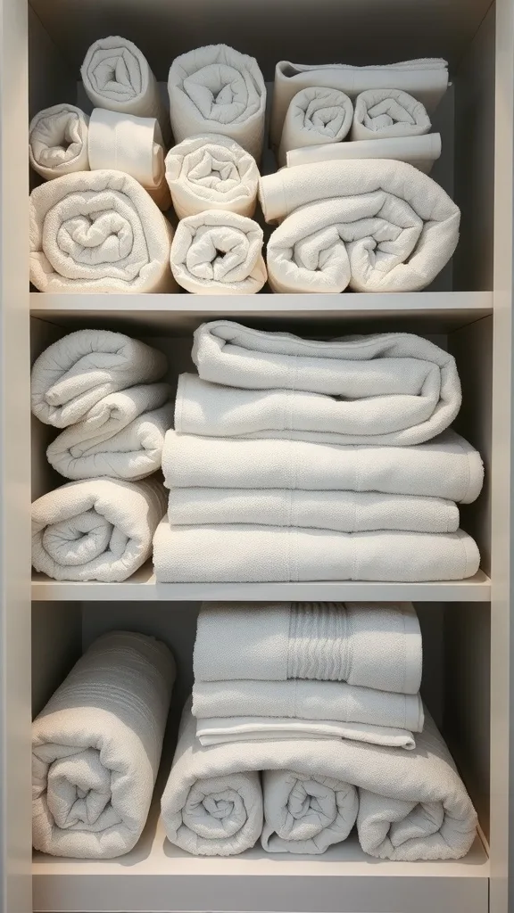 Neatly rolled white towels displayed on shelves in a linen closet.
