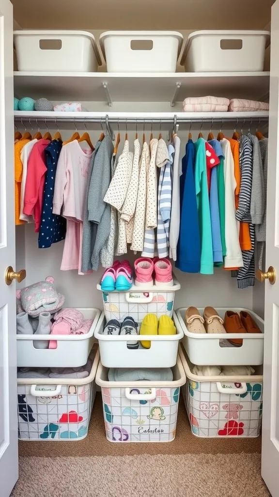 Organized baby closet with seasonal clothes and labeled storage bins