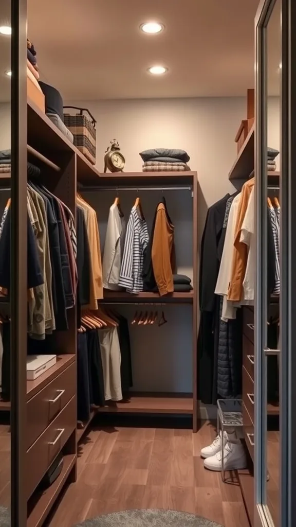 A well-organized small walk-in closet featuring shelves and hanging clothes.