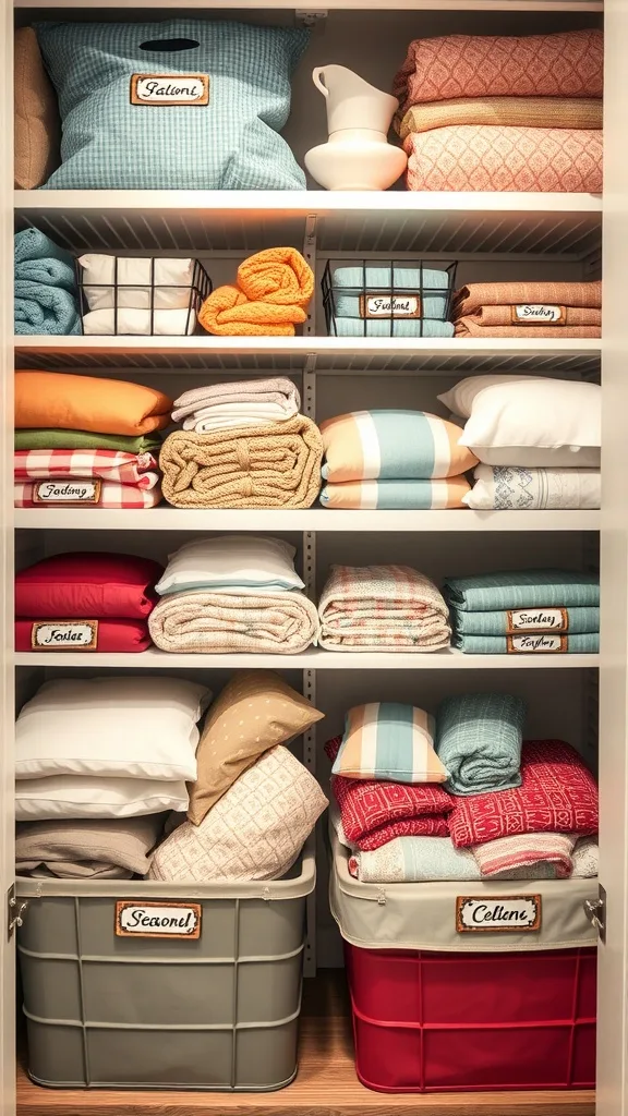 Organized linen closet with labeled totes and neatly arranged linens.