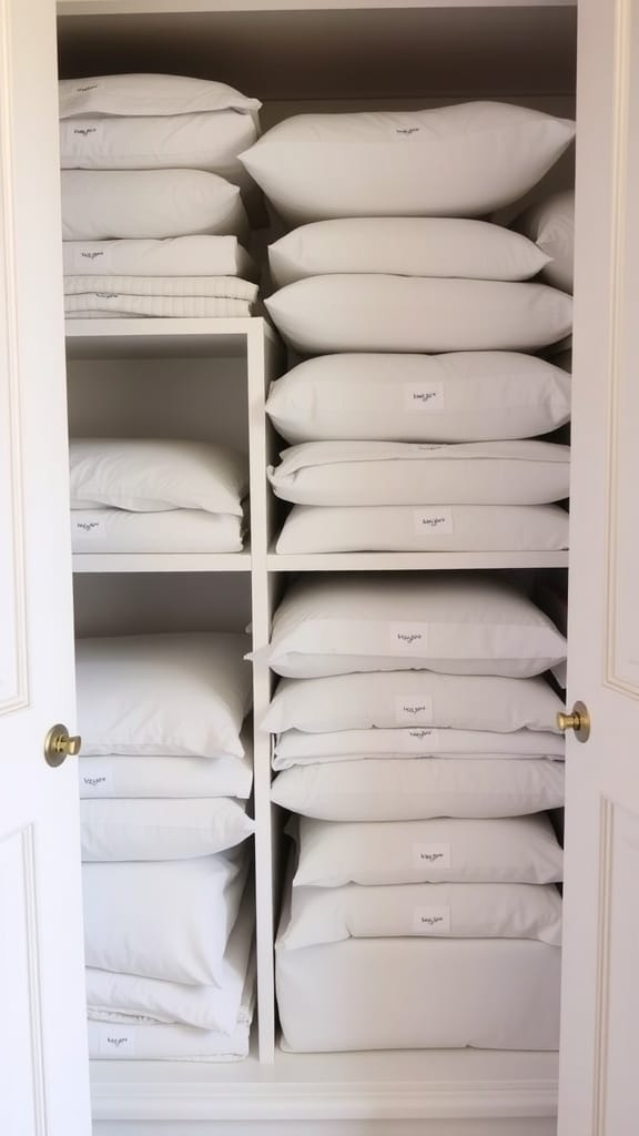 Linen closet organized with sheet sets inside pillowcases