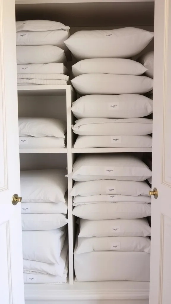 Linen closet organized with sheet sets inside pillowcases