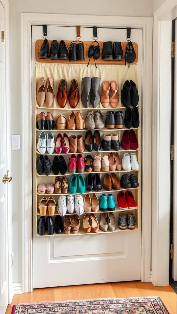 A door-mounted shoe organizer filled with various types of shoes, showcasing an organized and colorful shoe collection.