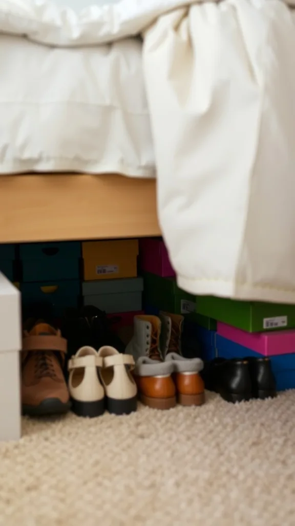 Under-the-bed shoe storage featuring various pairs of shoes and colorful storage boxes.