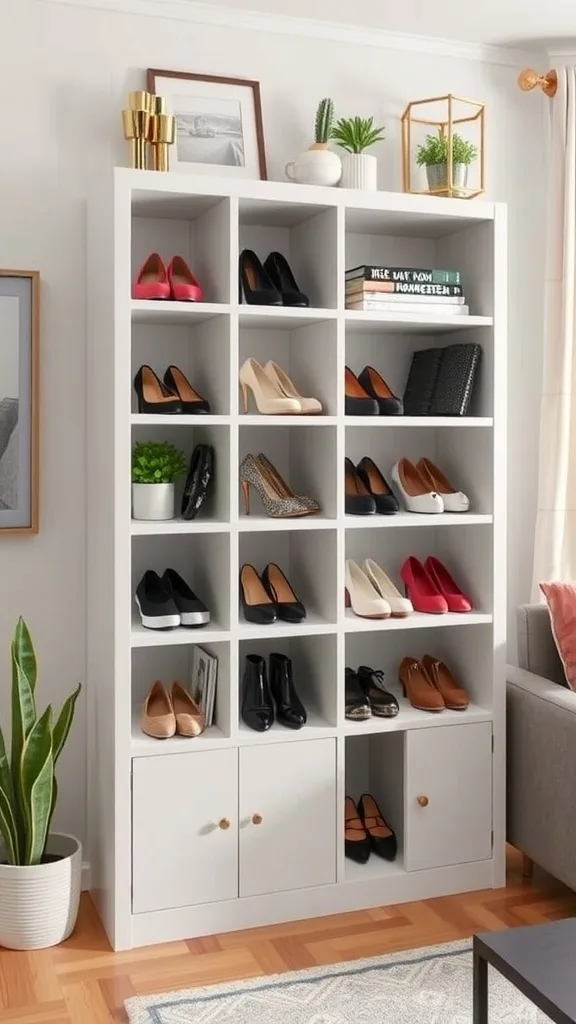 A stylish shoe shelf made from an Ikea bookcase, showcasing various pairs of shoes and decorative items.