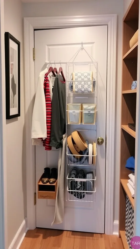 A small walk-in closet with organized shelves and items hanging on the door.