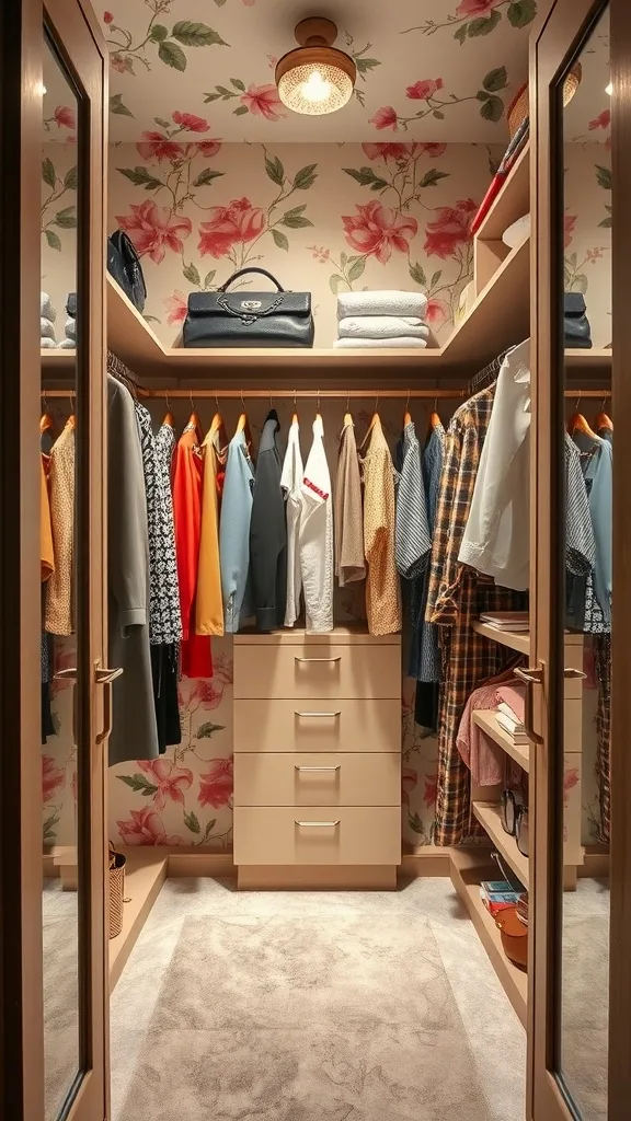 A small walk-in closet with bright floral wallpaper and organized clothing.
