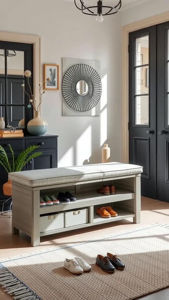 Stylish storage bench with shoe slots and baskets in a well-lit entryway